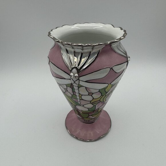 VTG Louis Tiffany Bradford Exchange Glittering Dragonflies Porcelain Vase Pink - Picture 4 of 9